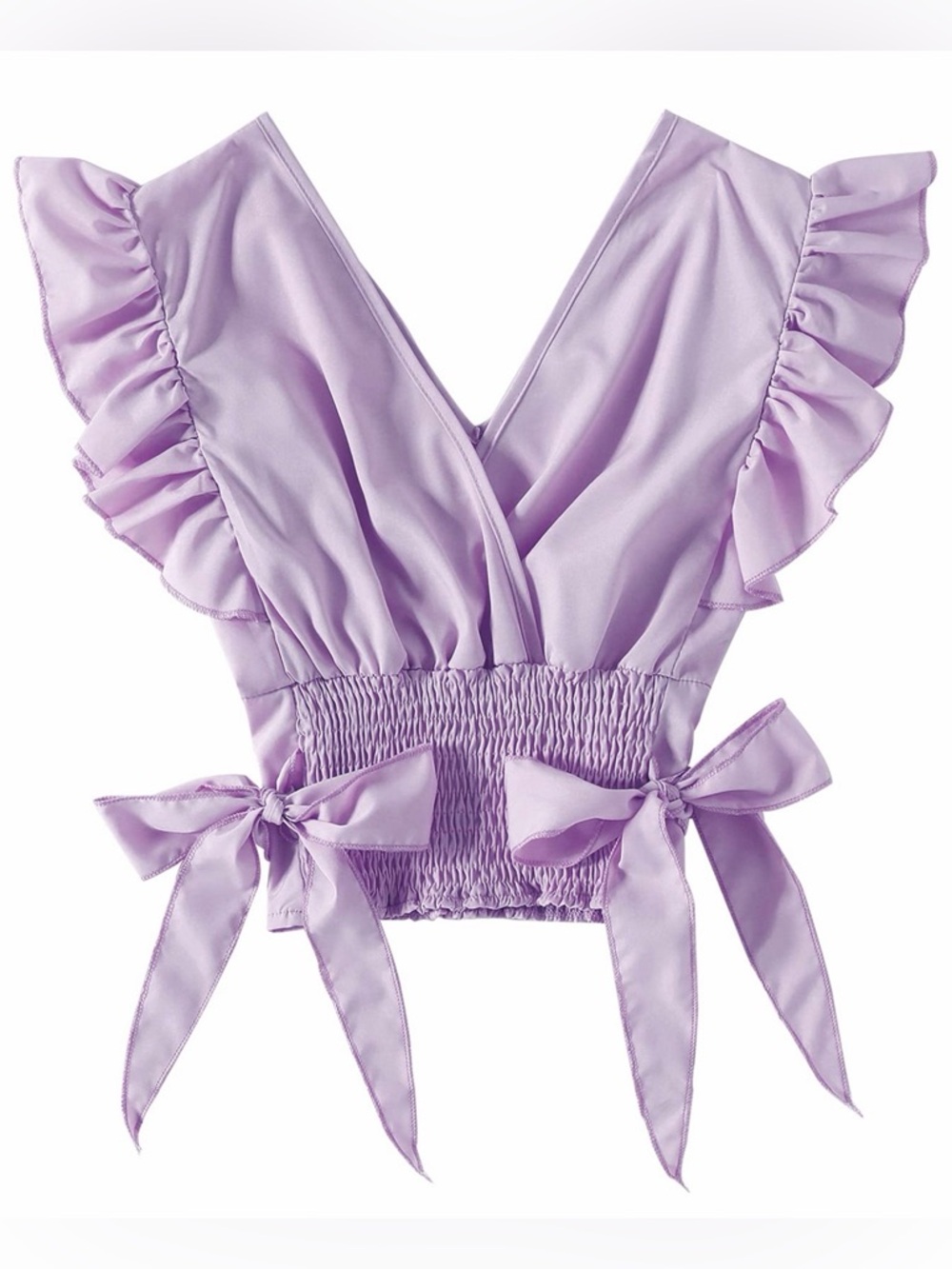 Lyaner Lilac Purple Coquette Crop Tank Top Size M V-Neck Ruffled Cap Sleeve Bow
